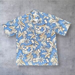 Vintage 80s Cotton Hawaiian Shirt Pierre Cardin Mens Large Blue Pineapple Resort